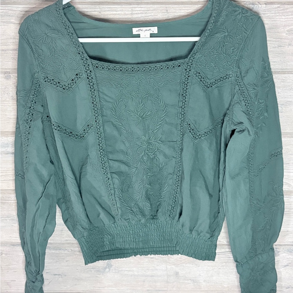 Ultra Pink Teal Embroidered Square-Neck Blouse